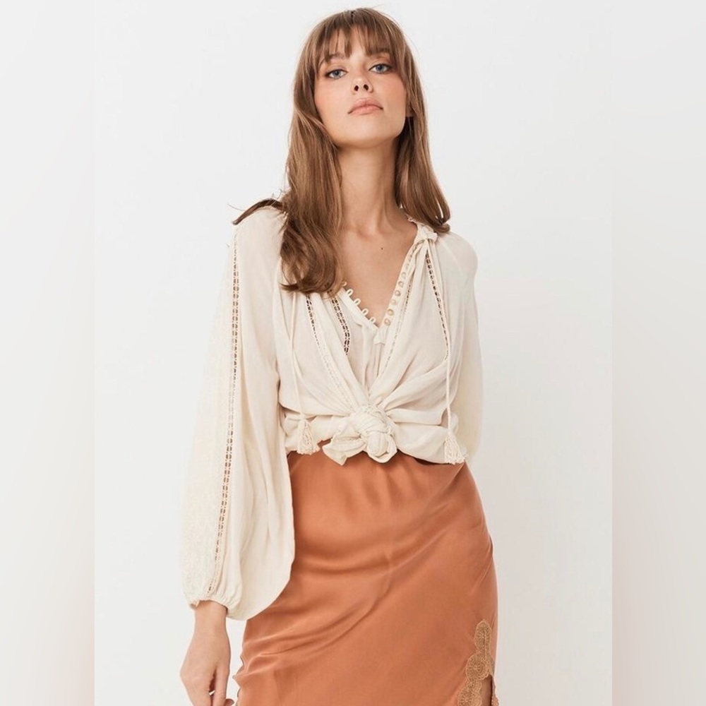 Spell Cream Crochet-Trim Tie Front Blouse - Picture 3 of 9